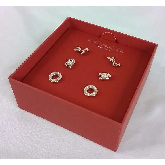 Coach Women's Signature Pearl Bow Earrings Set of Three Pairs Classic NIB #W3374 - Picture 8 of 13